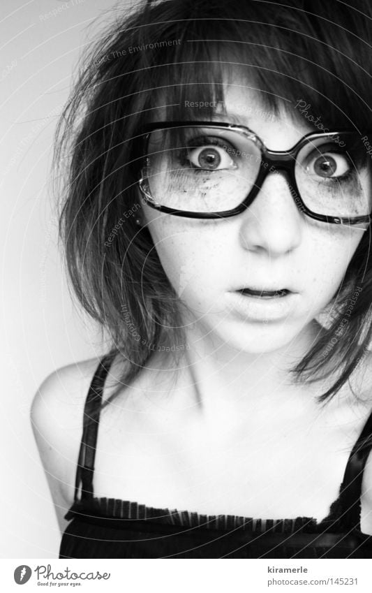 I see something you can't see, and that's reality. Black & white photo Hair and hairstyles Eyeglasses Dress Make-up Looking Mouth Amazed Inconceivable Monstrous