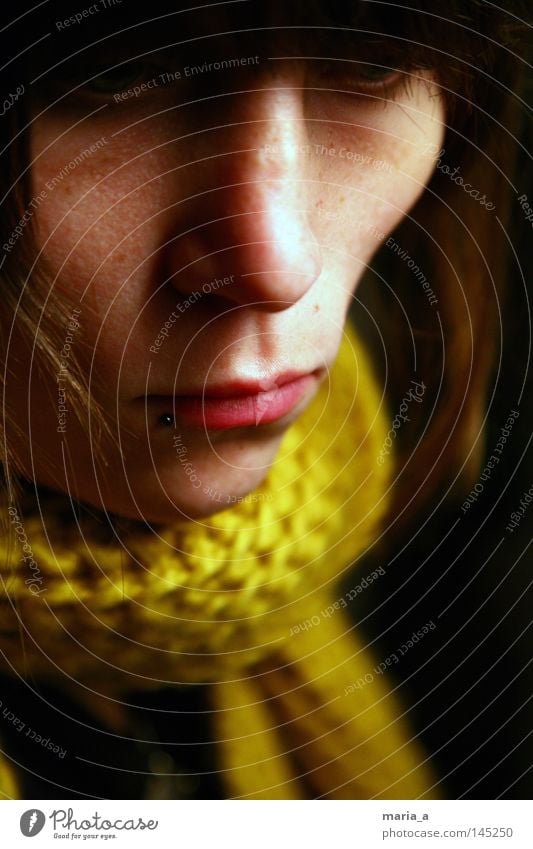 sorrow Grief Tears Loneliness Droop Mouth Nose Piercing Lips Hair and hairstyles Bangs Scarf Yellow Knitted Physics Winter Packaged Cold Dark Human being