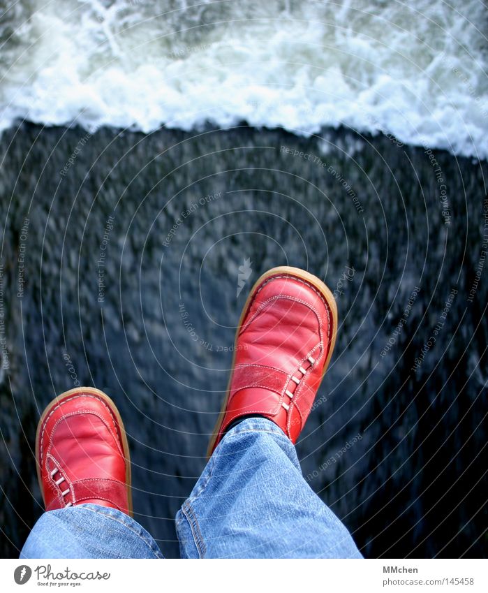 Jump! Edge Wall (barrier) Footwear Exceed Red Anger Aggravation Water River Stone Rock Bridge Jeans changed sides red shoes Scaredy-cat spring´doch Sadness