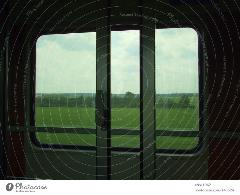 rail Railroad Window Sliding door Car door Looking Land Feature Lawn Meadow Tree Bushes Green Vacation & Travel Travel photography Sky Clouds Blue White