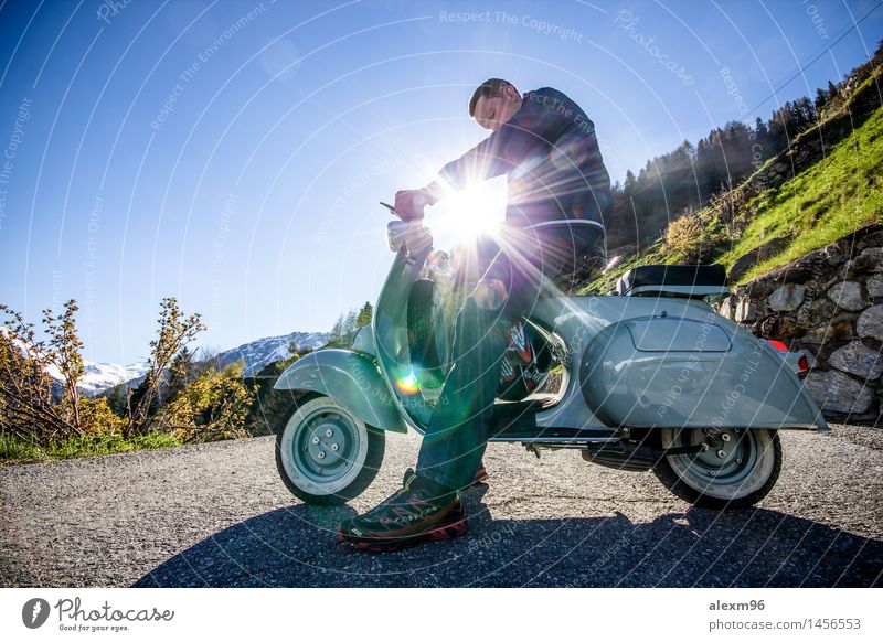 Oldtimer Vespa scooters drive in summer Lifestyle Joy Happy Leisure and hobbies Trip Adventure Freedom Masculine Young man Youth (Young adults) 1 Human being