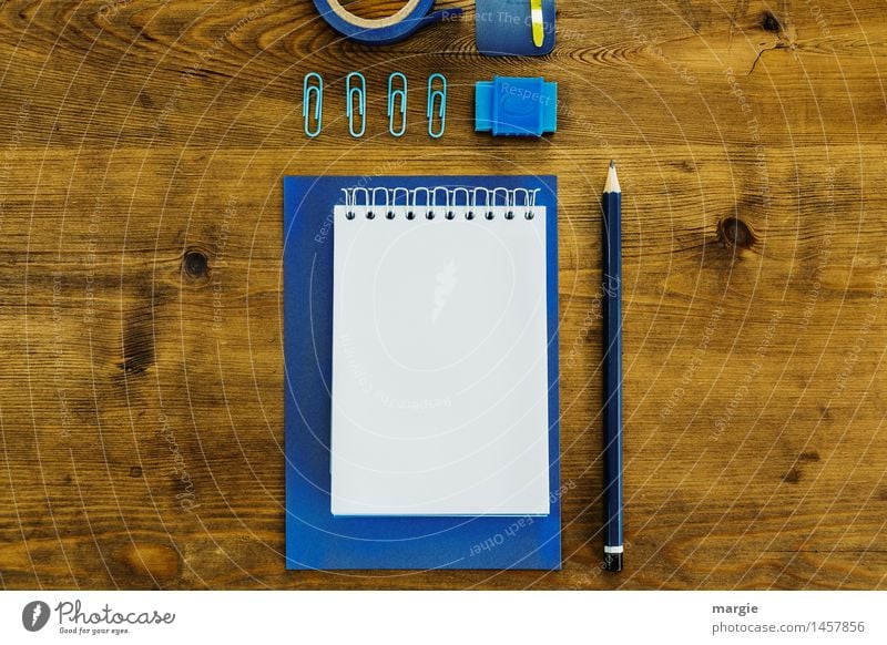 Blue office utensils on the desk / landscape format Study Profession Office work Workplace Advertising Industry Financial institution Business Brown Desk Paper