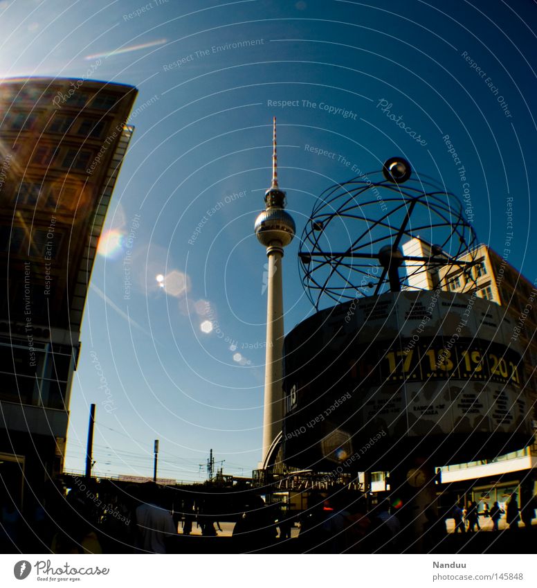 everything nestles to the tower Berlin Alexanderplatz Germany Berlin TV Tower Television tower High-rise Sky Fisheye Lens flare Patch of light Distorted Tourism