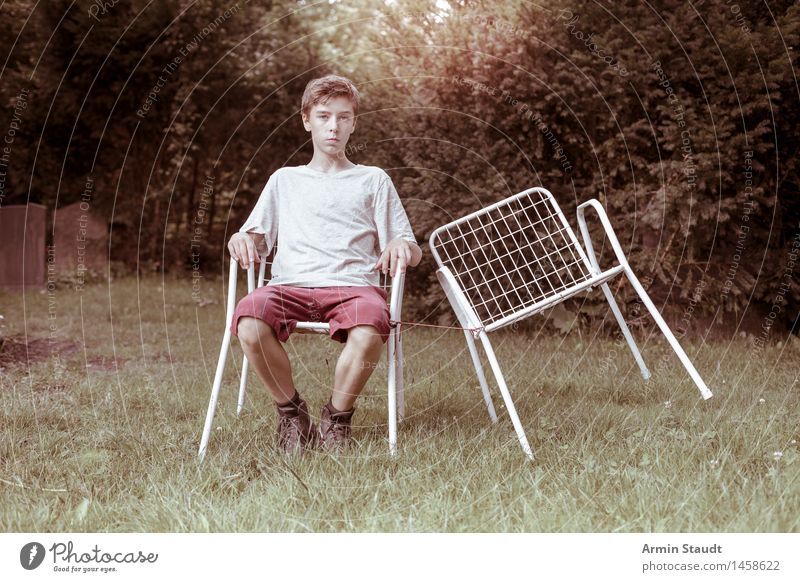 Empty chair II Lifestyle Relaxation Calm Garden Human being Masculine Young man Youth (Young adults) 1 13 - 18 years Nature Summer Beautiful weather Meadow