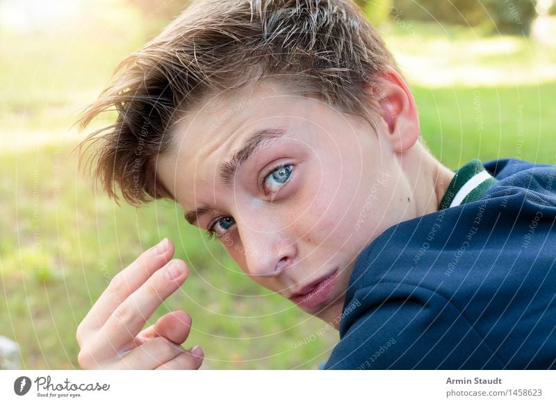 Portrait of a teenager, makes cool gesture with fingers Lifestyle Style Summer Garden Human being Masculine Young man Youth (Young adults) Eyes Fingers 1