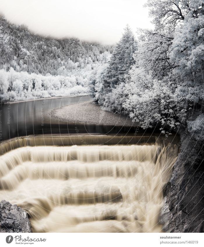 Waterfall - Only for Zett ;) Infrared River Lake Tree Sky Fog Clouds Fairy tale Enchanted forest Speed Life Black & white photo Infrared color Brook Simon Birr