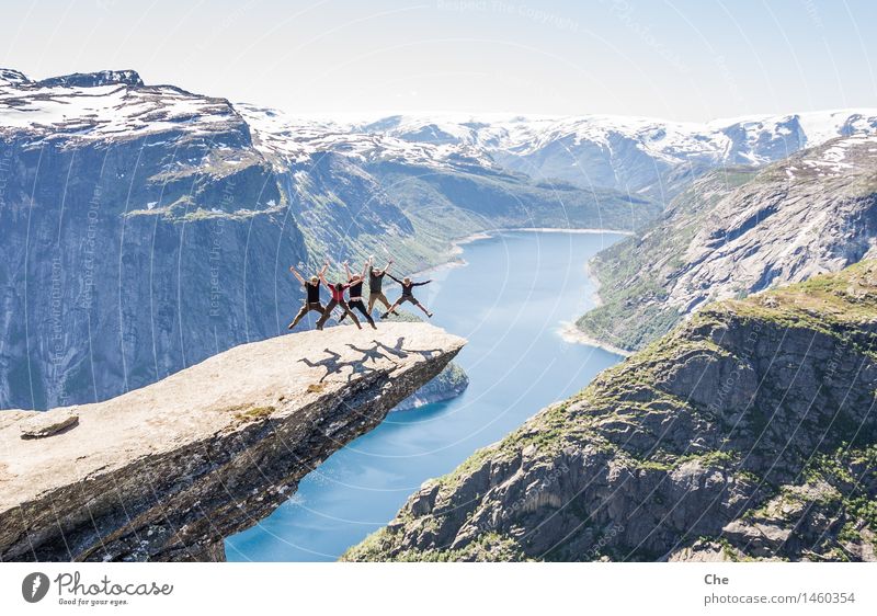 synchronized skipping Joy Human being Masculine Youth (Young adults) 5 18 - 30 years Adults 30 - 45 years Jump Adventure trolltunga Norway Landmark Freedom