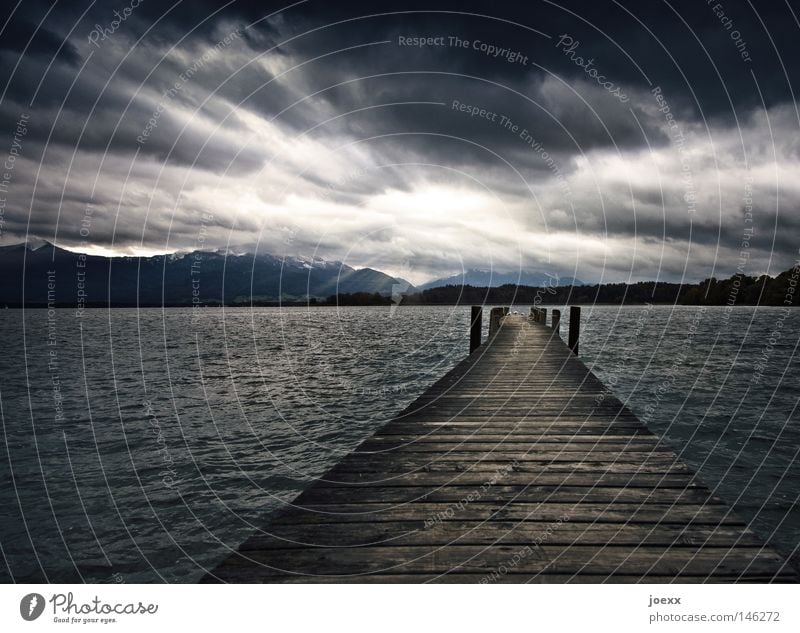 End and hope Upward Bad weather Lake Chiemsee Dark Loneliness Duck Awareness Footpath Mountain Going Body of water Thunder and lightning Sky Heavenly Tall