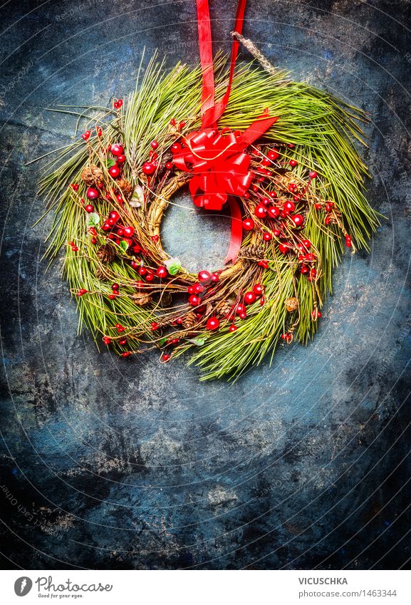 Christmas wreath with red decoration Winter Flat (apartment) Arrange Decoration Feasts & Celebrations Christmas & Advent Ornament String Design Style Tradition