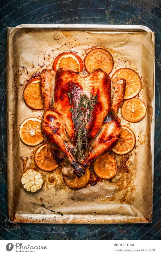 Whole fried chicken with orange Food Meat Fruit Nutrition Lunch Dinner Banquet Organic produce Crockery Style Design Table Kitchen Christmas & Advent roasts