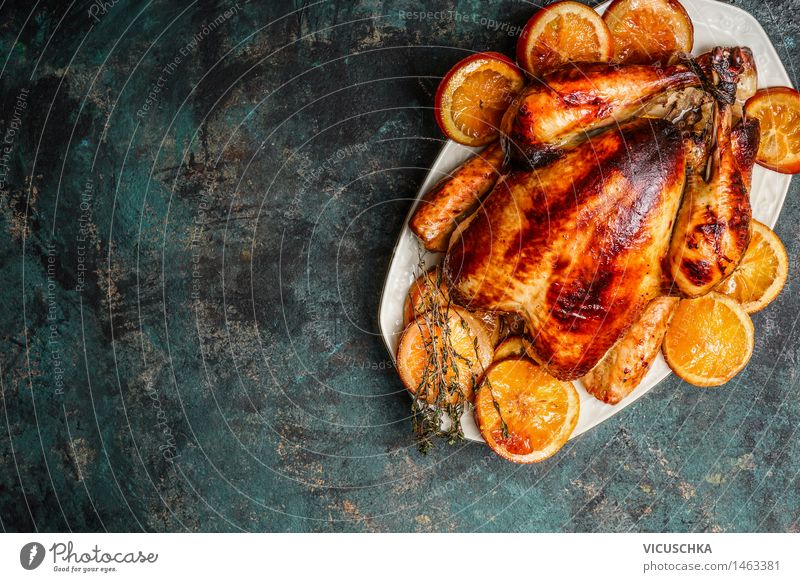 Whole chicken roast with roasted oranges Food Meat Nutrition Lunch Banquet Plate Style Design Table Feasts & Celebrations Background picture Horizontal Chicken