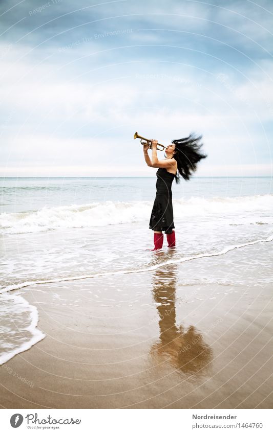 sound Lifestyle Style Joy Music Human being Feminine Woman Adults 1 Musician Beach North Sea Ocean Fashion Dress Rubber boots Hair and hairstyles Black-haired