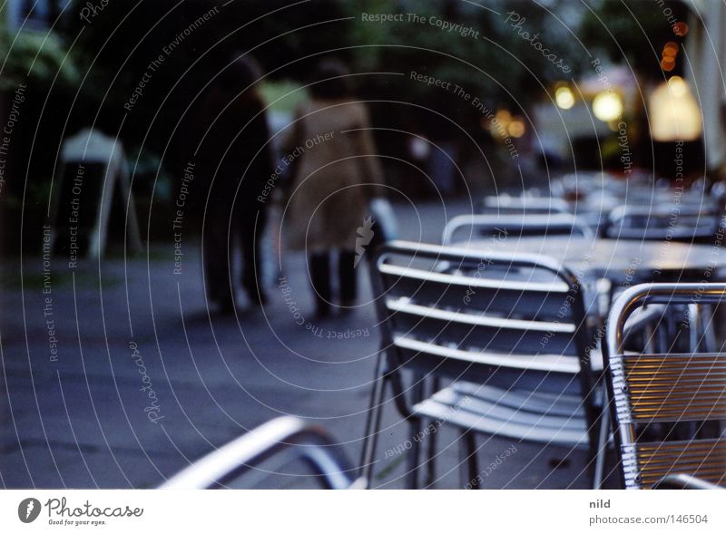 Analog - street cafe Empty Autumn Cold Evening Munich Sidewalk café Table Chair Calm Comfortless Pedestrian Traffic infrastructure too cold be inside Going Scan