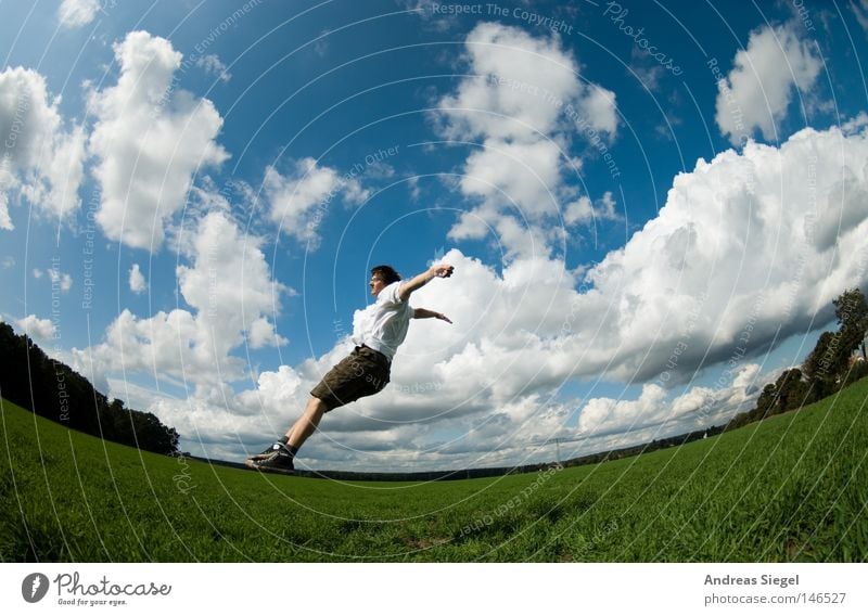 Freedom (A sign of life) Fisheye Field Sky Clouds Human being Man Youth (Young adults) Blue Green Meadow Horizon Distorted Flying Jump Sudden fall To fall Crash