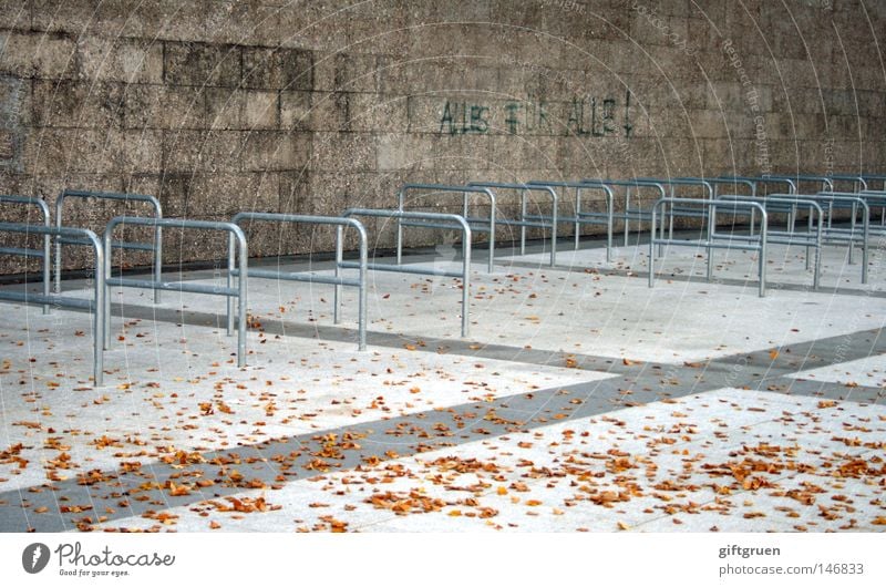 where have all the bikers gone? Parking lot Bicycle rack Empty Loneliness Autumn Leaf Town Wall (barrier) Traffic infrastructure Transport Graffiti