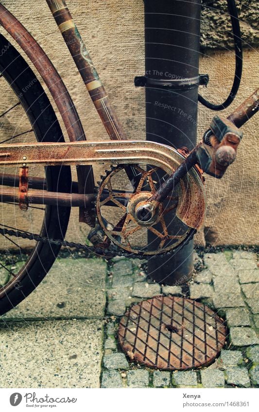 Retro bicycle chain Bicycle Metal Rust Old Brown Nostalgia Bicycle chain Pedal Exterior shot Deserted Day Colour photo Detail Subdued colour nostalgically