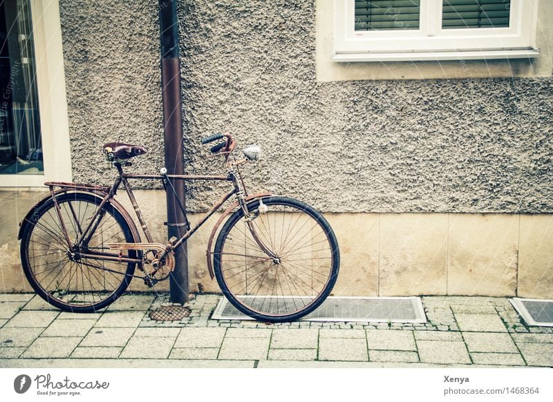 Retro bike on a wall Old town House (Residential Structure) Wall (barrier) Wall (building) Bicycle Metal Brown Beige Parking Sidewalk Exterior shot Deserted