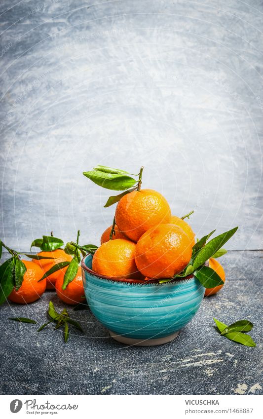 Tangerines with green leaves in the blue bowl Food Fruit Dessert Nutrition Organic produce Vegetarian diet Juice Bowl Style Design Healthy Eating Life Summer
