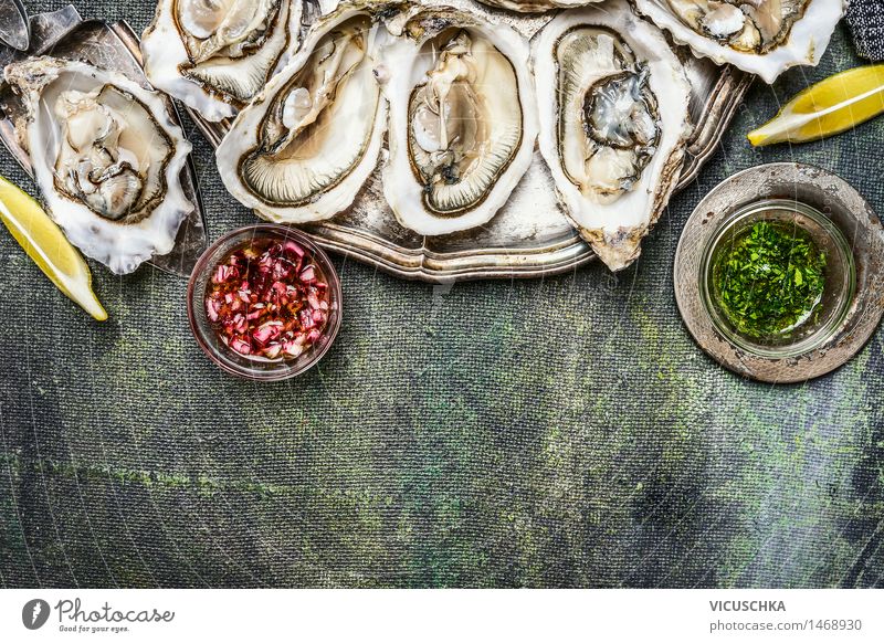 Oysters with lemon and various sauces Food Seafood Cooking oil Nutrition Lunch Dinner Crockery Style Design Healthy Eating Life Table Rose Fresh Plate Dish