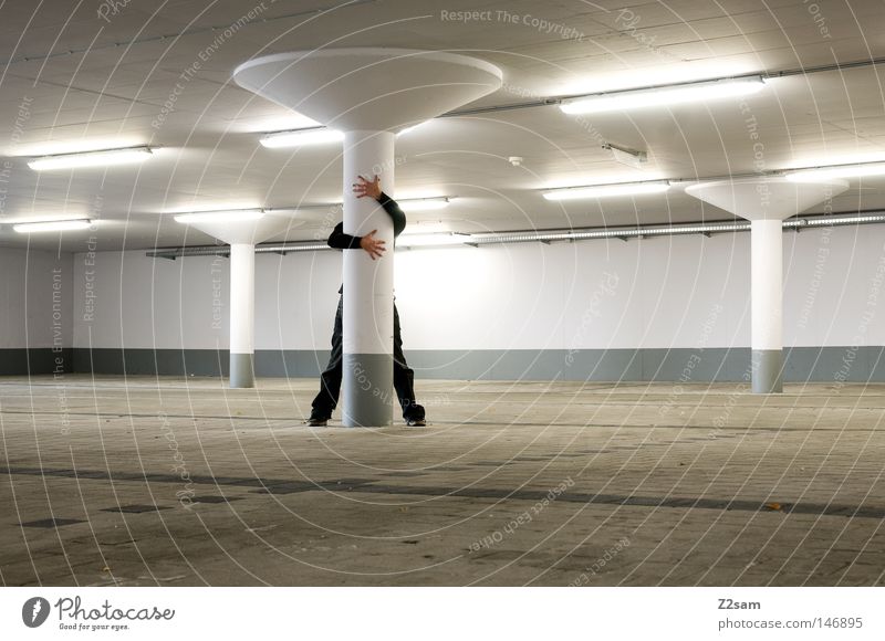we are not alone Underground garage Man Stand Concealed Futurism Style Light Exposure White Simple Building Garage Parking Like Affection Hand Gray Brown