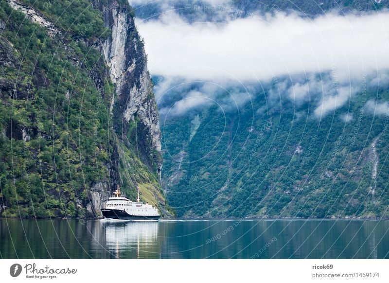 View of the Geirangerfjord Relaxation Vacation & Travel Mountain Nature Landscape Water Clouds Fog Coast Fjord Transport Traffic infrastructure Navigation