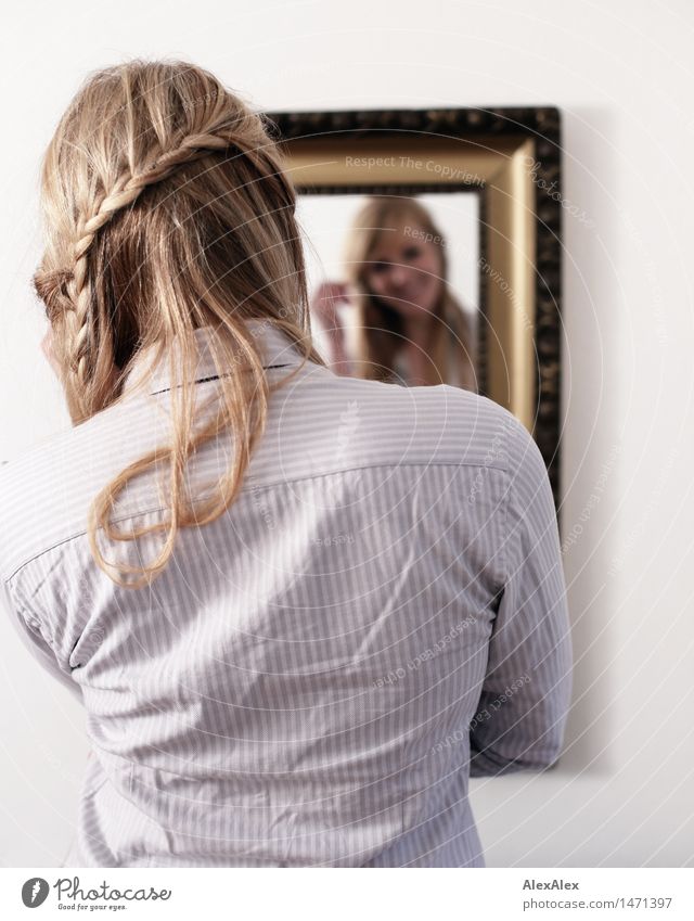 mirror mirror on the wall Hair and hairstyles Flat (apartment) Mirror Mirror image Young woman Youth (Young adults) 18 - 30 years Adults Shirt Blonde