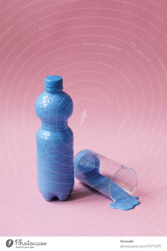 'Water bottle' Drinking water Bottle Glass Blue Pink Dye Placed Chamfer Colour photo Studio shot Deserted Copy Space top Neutral Background Deep depth of field