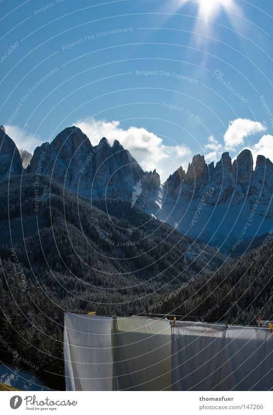 Laundry on the line in front of alpine panorama Mountain Sky Clouds Bedclothes Blue Snow Search clothesline Peak Far-off places Washing Pure Clean