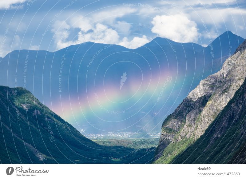 Landscape with mountains and rainbow in Norway Relaxation Vacation & Travel Mountain Nature Clouds Rock Stone Idyll Calm Tourism Rainbow Valley Møre og Romsdal