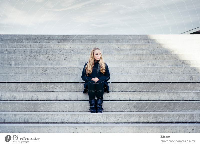 pause for reflection Feminine Young woman Youth (Young adults) 1 Human being 18 - 30 years Adults Stairs Coat Boots Blonde Long-haired Think Sit Dream Authentic