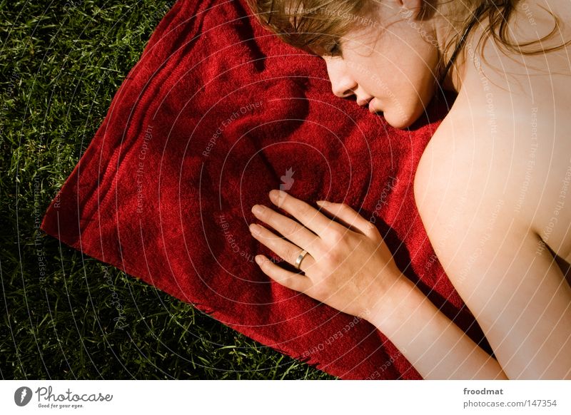 red is... Betrothal Hand Beautiful Woman Sweet Towel Meadow Relaxation Sleep Summer Sunbathing Lips Alluring Emotions Sensitive Fragile Delicate Back sianai