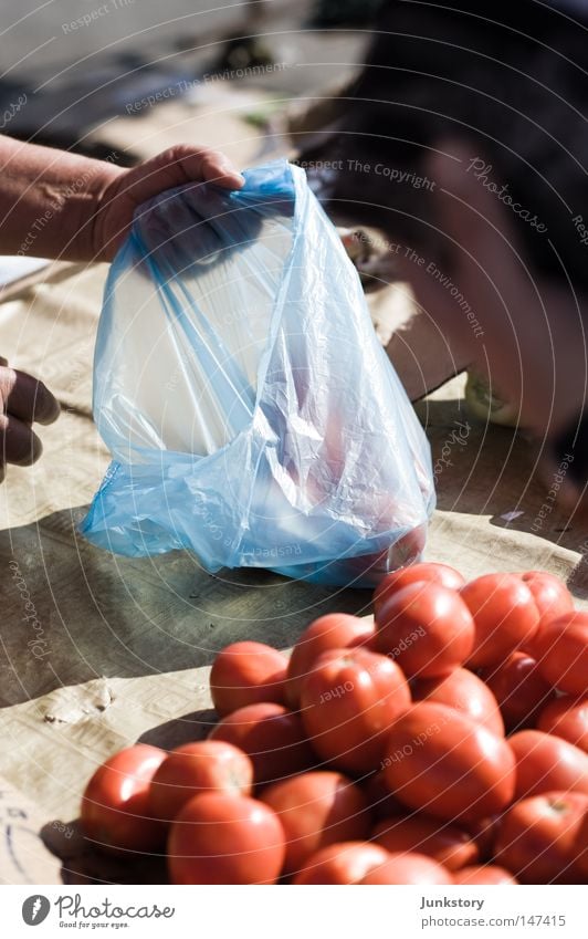 tomatoes Tomato Vegetable Nutrition Food Trade Sell Shopping Red Paper bag Plastic Plastic bag Blue Hand Merchant Shadow Zagreb Croatia Vacation & Travel