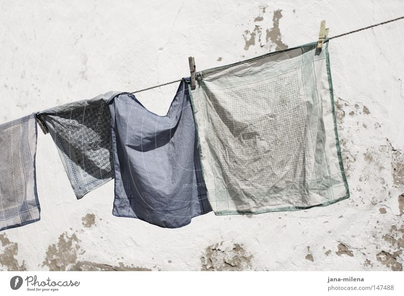 washing day Washing Laundered Laundry Cloth Rag Handkerchief Blue Blue tone Clean Dirty Detergent Dry Rope Hang up Clothes peg Wind Judder Wrinkled Iron