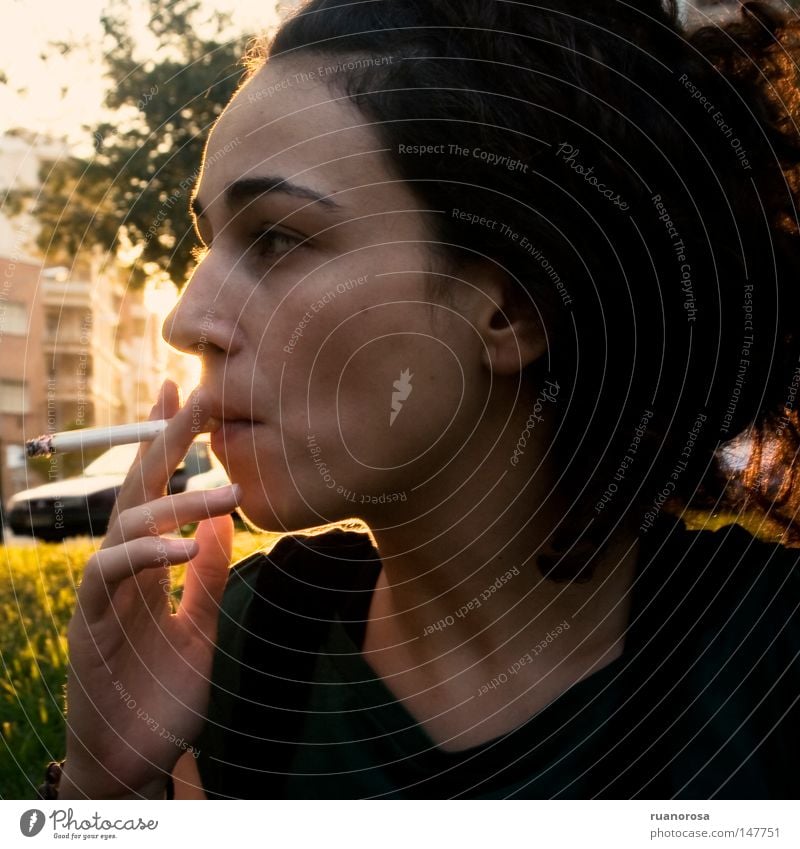 Woman Portrait photograph Head Face Hair Tobacco products Smoke Nicotine Mouth Cigar Pout Motor vehicle Street Dusk Evening House (Residential Structure)