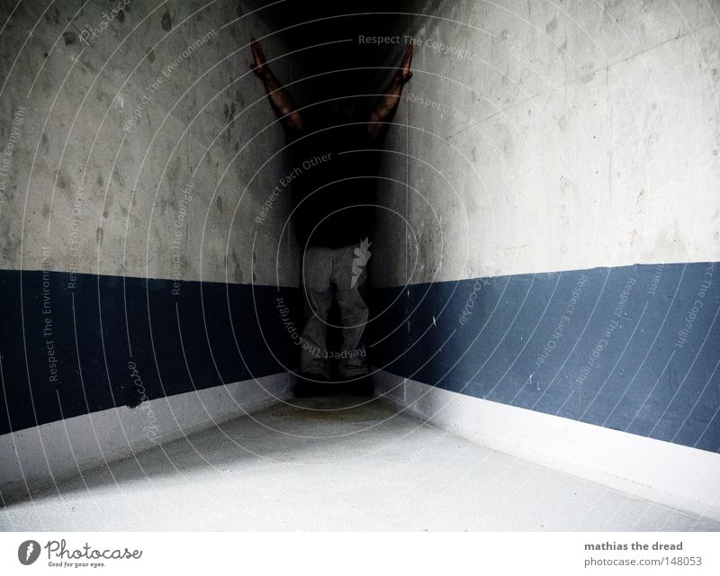 DARK CORNER Room Interior shot Concrete Concrete wall Concrete construction Vanishing point Building line Central perspective Human being Stripe Wedged Between