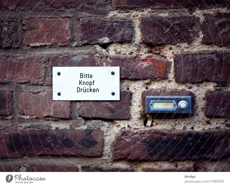 Old Hastürklingel and sign with the inscription " Please press the button ". Bell doorbell bell button bell shield Flat (apartment) Wall (barrier)