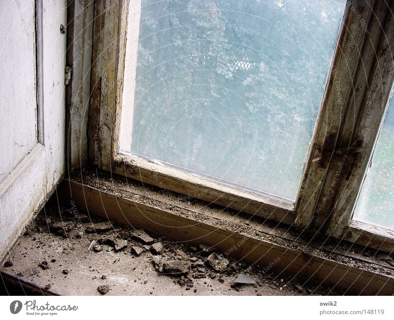 Long time not ventilated Redecorate Interior design Wall (barrier) Wall (building) Window Glass Old Historic Broken Loneliness Decline Past Transience