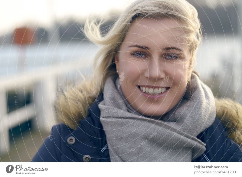 Attractive natural blond woman Happy Face Winter Woman Adults 1 Human being 30 - 45 years Autumn Wind Harbour Scarf Blonde Hair Smiling Friendliness Natural