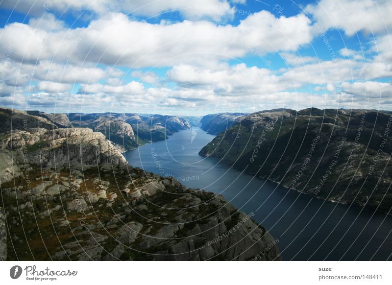 estuary Fjord Lysefjord Ocean Norway Calm Mountain Loneliness Blue Coast Slope Rock Gravel Water Free Freedom Clouds Sky Heap Nature Wonder Peace Preikestolen