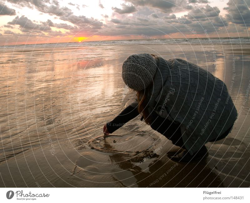 I think of you... Life Calm Far-off places Freedom Sun Beach Ocean Woman Adults Fingers Sand Water Clouds Autumn Bad weather North Sea Cap Sign Footprint Heart