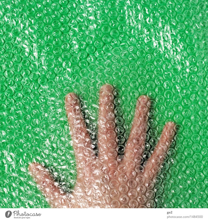 Safely packed Human being Adults Hand Fingers 1 Packaging Plastic packaging Bubble wrap Green Trust Safety Protection Colour photo Interior shot Studio shot