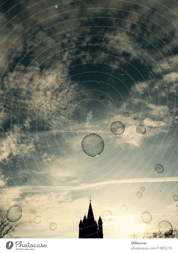Soap bubbles over Cologne Style Joy Playing Tourism Sightseeing City trip Architecture Environment Sky Horizon Sun Sunrise Sunset Beautiful weather Town