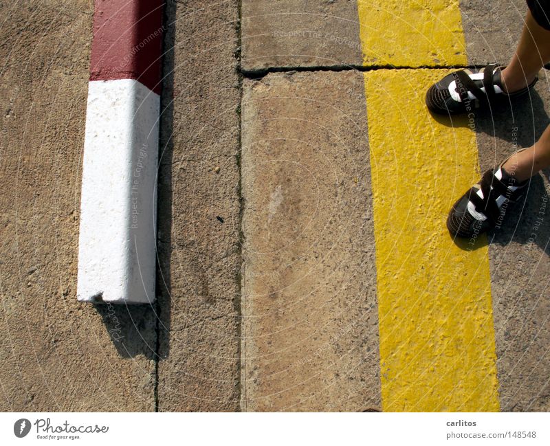 accidentally hit the trigger Traffic lane Concrete Curbside Yellow Clearway Spain Balearic Islands Majorca Detail Boredom Summer Street Reddish white Line Feet