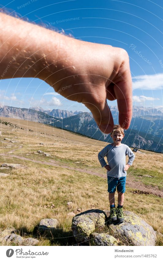Among giants Vacation & Travel Tourism Summer Summer vacation Mountain Hiking Masculine Child Boy (child) Infancy Hand Fingers 1 Human being 3 - 8 years Sky