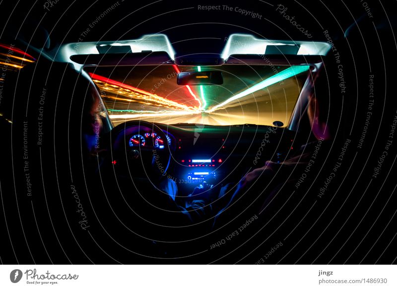 speed of light Car Front side Windscreen Human being 2 Road traffic Motoring Driving Illuminate Looking Dark Infinity Speed Blue Multicoloured Gold Black Dream