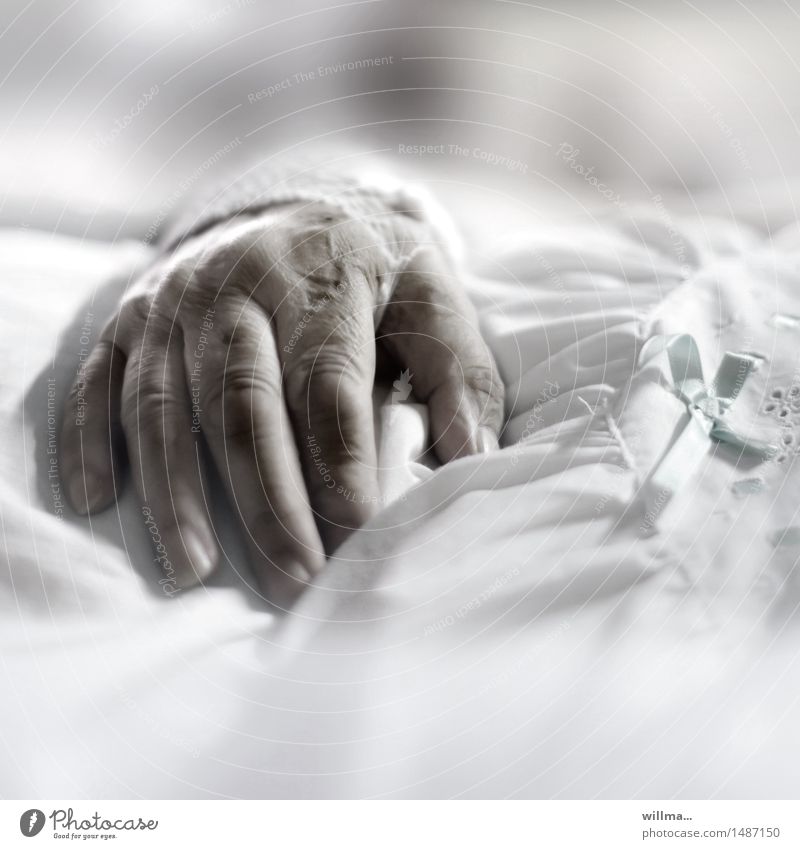 Hand of senior woman in sick bed Patient patient Medical treatment Care of the elderly age Nursing Illness Hospital Health care Woman Adults Senior citizen
