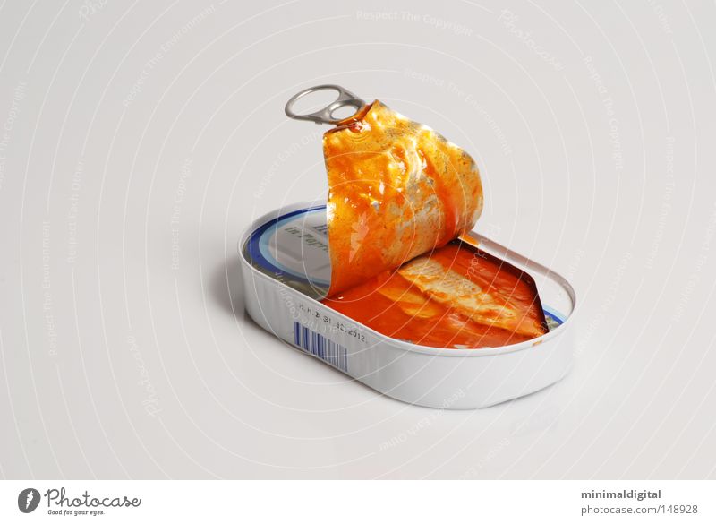 The canned food Tin Tin of food Delicious Nutrition Sense of taste Salmon Sauce Ocean Fishing (Angle) Gray Red Torn Food Herring pickled Contrast Water Metal