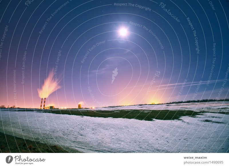 Power plant in the night Winter Snow Lamp Factory Industry Landscape Plant Sky Night sky Stars Moon Meadow Field Small Town Building Tube Blue Yellow Pink Black