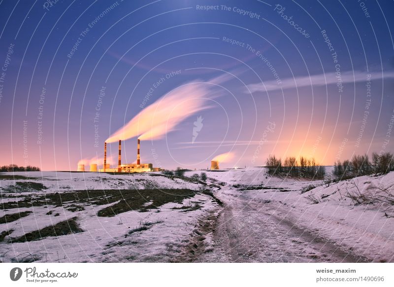 Power plant in the night. Winter Snow Lamp Factory Industry Nature Landscape Plant Sky Clouds Night sky Stars Moon Ice Frost Small Town Skyline Building Tube