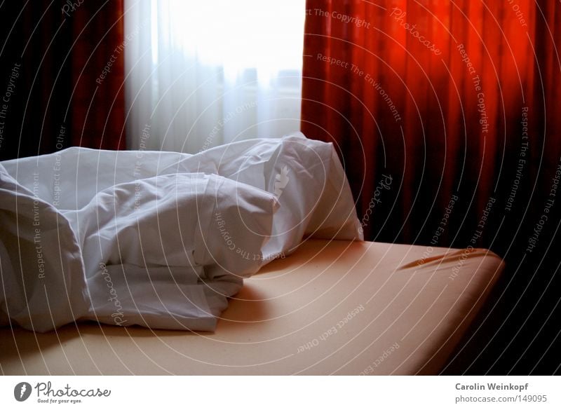 Hotel. Bed Drape Curtain Morning Wake Arise Mattress Sheet Blanket Wrinkles Room Location Light Shadow Hotel room Oversleep hotel bed Dawn rumpled Plümmo quilt